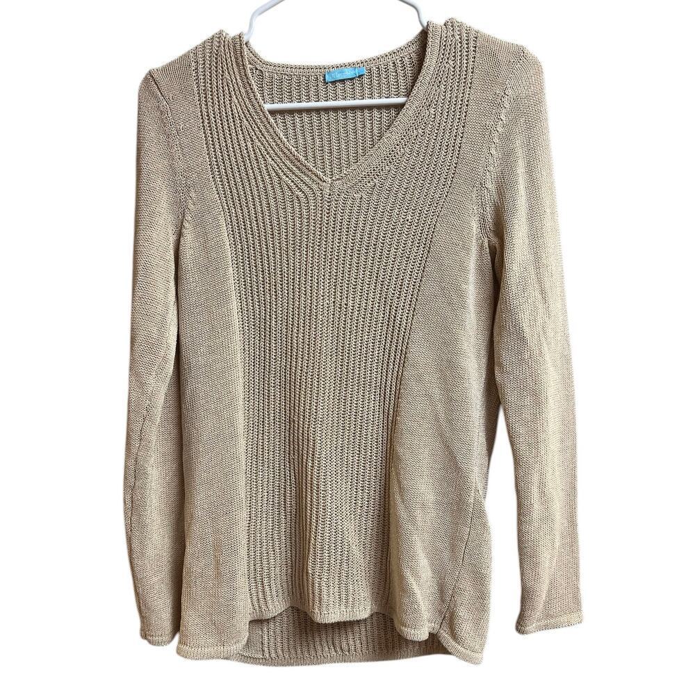 J. McLaughlin Beige V-Neck Pullover Sweater Rib-Knit Small